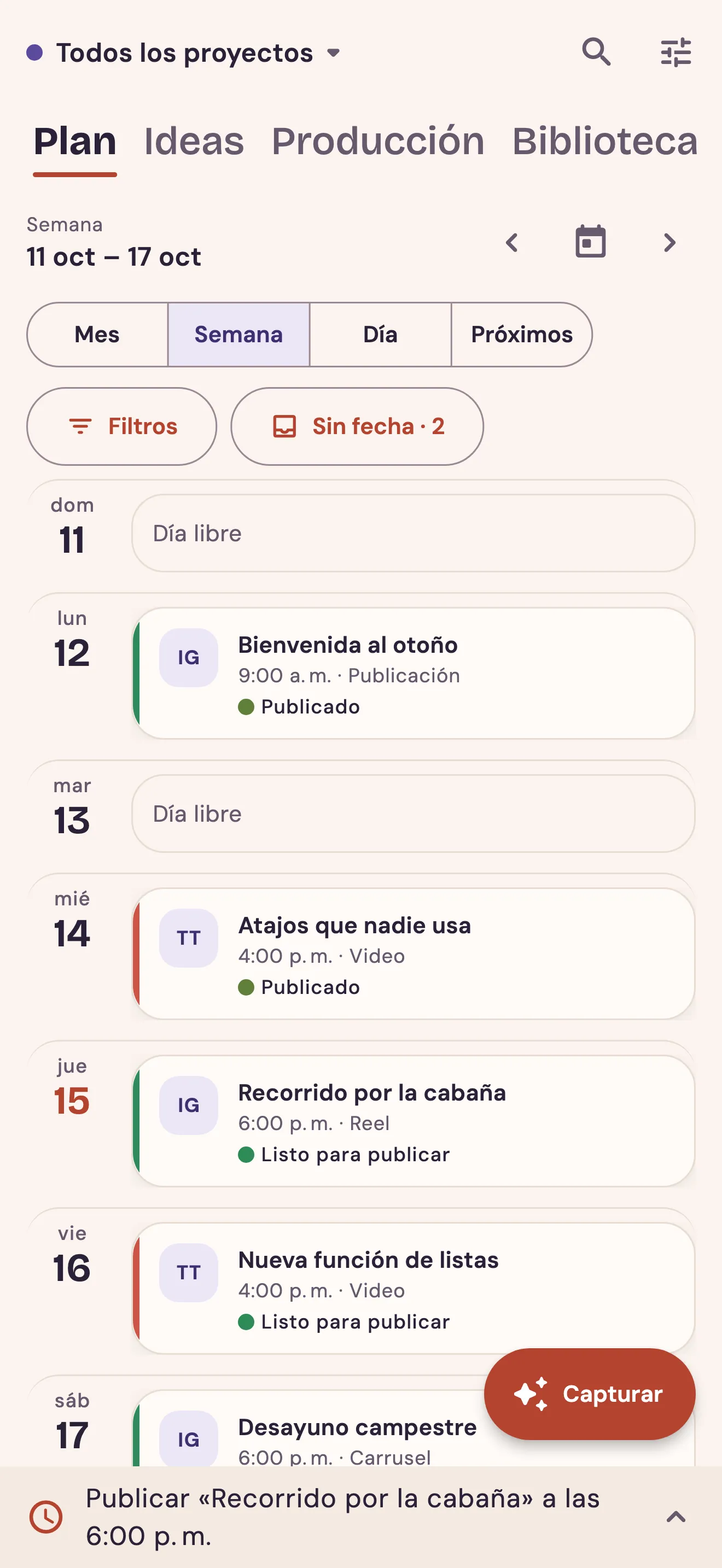 Calendario de la semana con las publicaciones de todos los proyectos